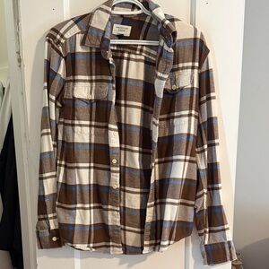 American Eagle Outfitters Brown, White & Blue Plaid Button-Down Shirt